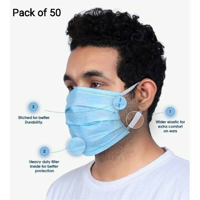 3-Ply Meltblown Disposable Surgical face Mask without Nosepin,Pack of 50
