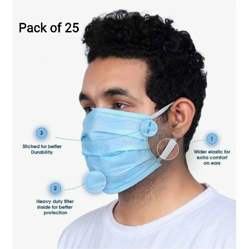 3-Ply Meltblown Disposable Surgical face Mask without Nosepin,Pack of 25