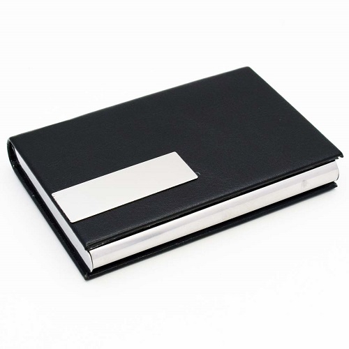 BLACK LEATHER METAL CARD HOLDER