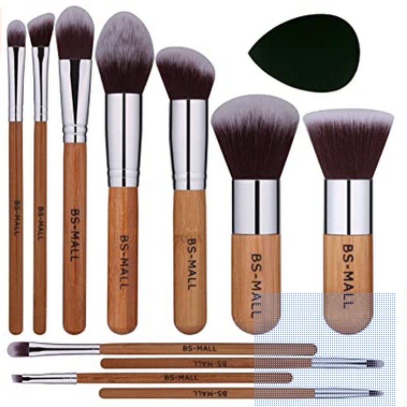 BS-MALL Makeup Brush Set 11Pcs Bamboo Synthetic Kabuki Brush Set Foundation Powder Blending Concealer Eye shadows Blush Cosmetics Brushes with Organizer Bag & Makeup Sponge