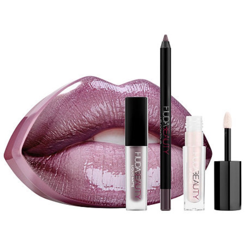 HUDA BEAUTY Contour & Strobe Liquid Lip Set Silverfox (medium Grey with a Slightly Warm Undertone) / Enchanting (semi-sheer Prismatic White with Pink