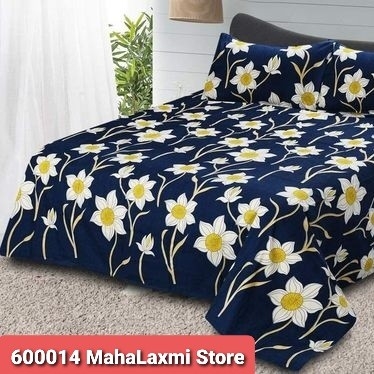 Glace Cotton Double Bedsheet - Blue & Flowers