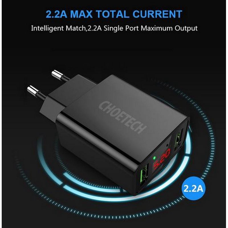 CHOETECH C0028 12w Adapter 2USB Port With Display (3 Month Warranty